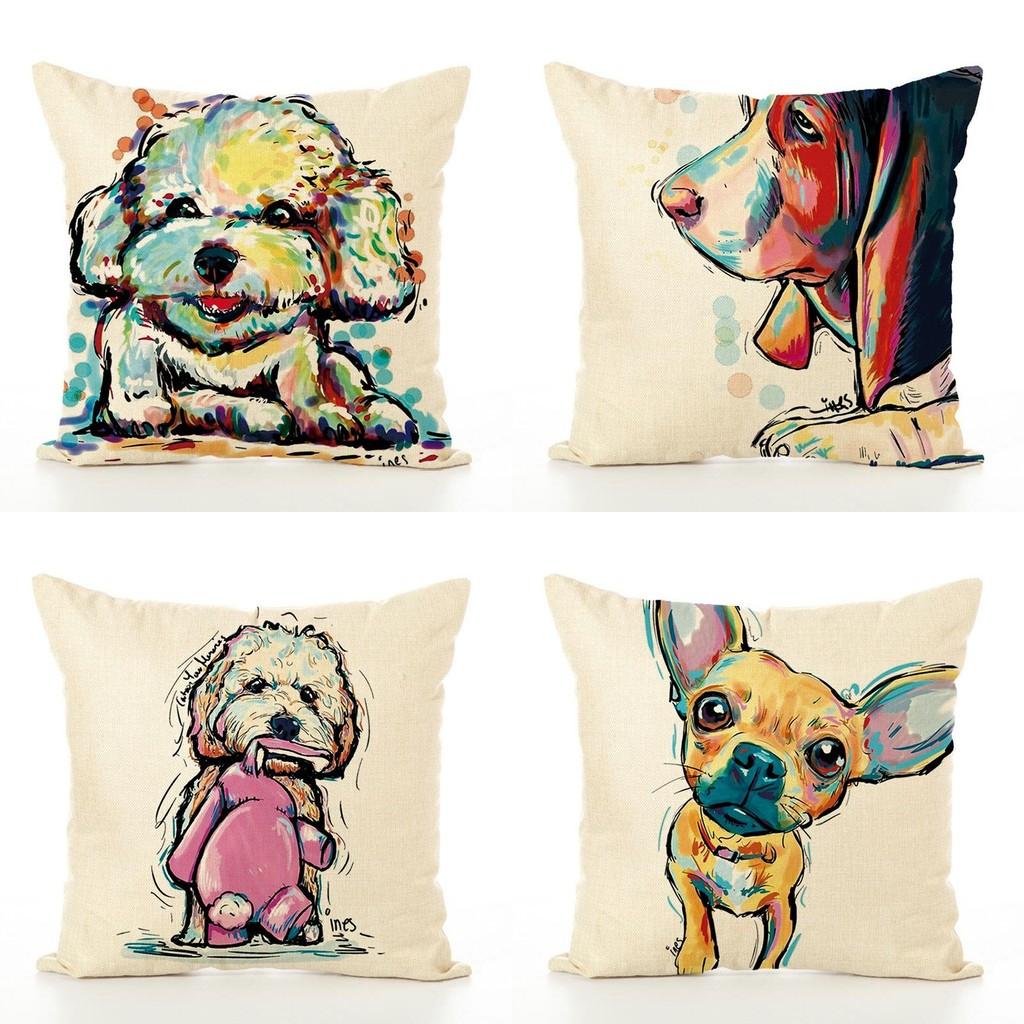 Adorable Pet Dog Pillow Cover In Linen Blend For Cozy Sofa And Office Decor