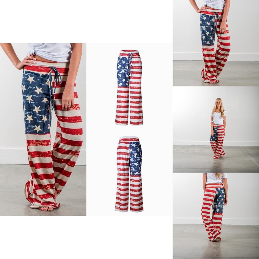 Womens High Waist Casual American Flag Print Drawstring Loose Wide Leg Pants For Summer