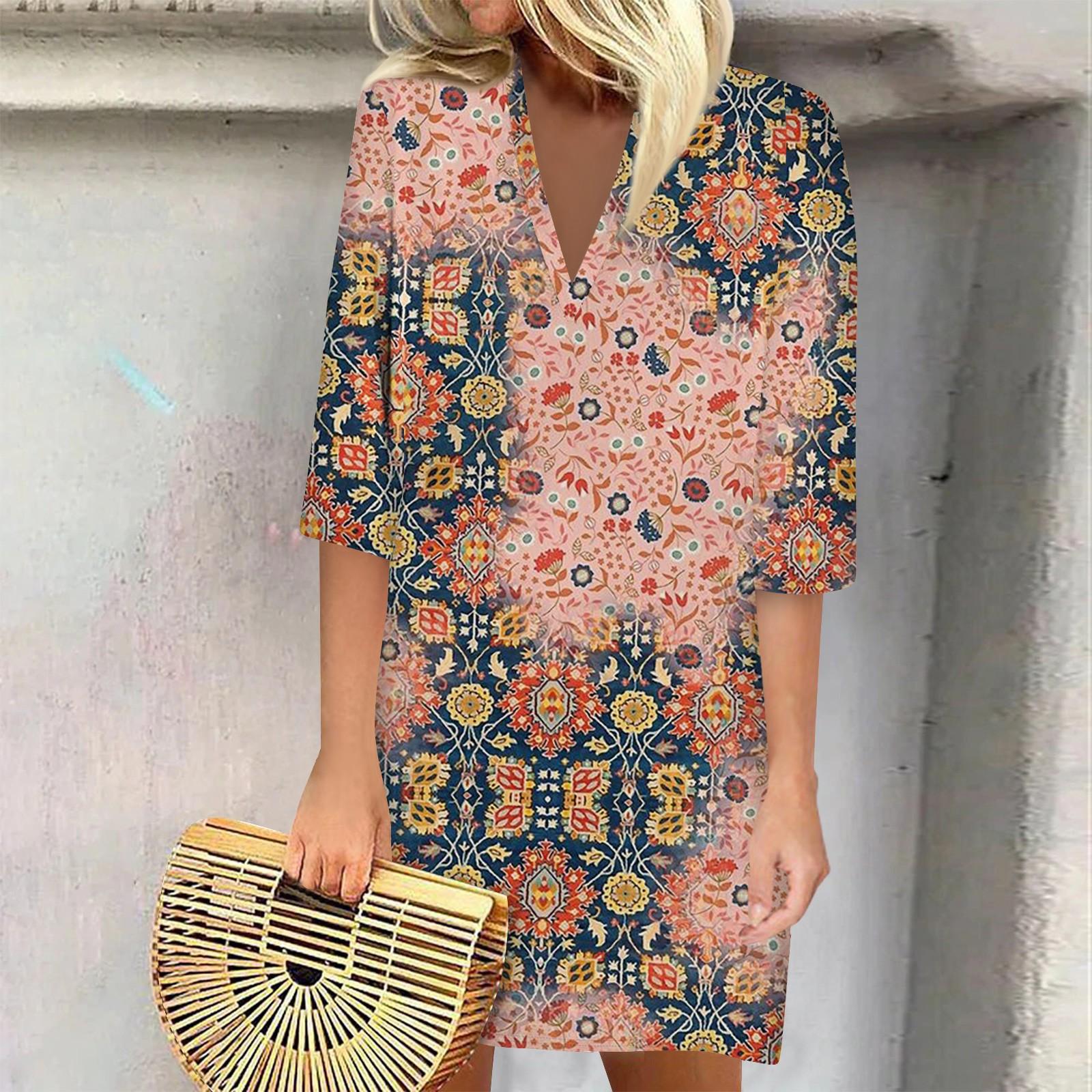 

Літні сукні для жінок Модна повсякденна вільна сукня з V-подібним вирізом і рукавами 3/4 S