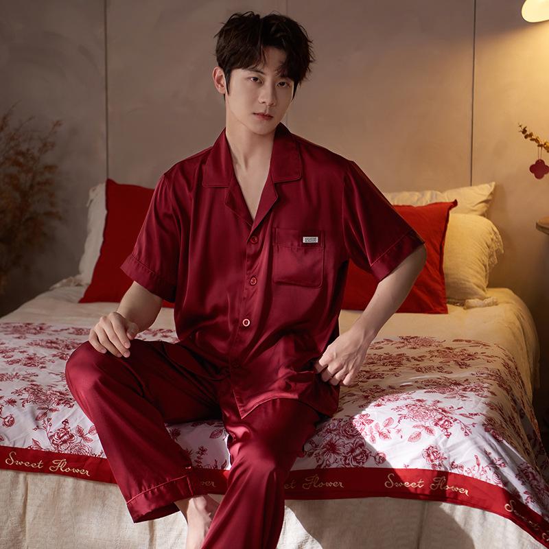 Pajamas men's satin ice silk summer short sleeves solid color simple high-end simulation silk men's loungewear set large size