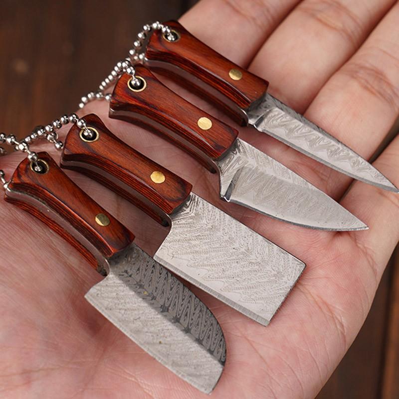 Wooden Handle Mini Knife with Leather Cover Multitool Hand Tools Express Cutter Keychain Pocket Knife Gift for Men Women