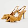 Fashion Designer Velvet Slingback Heeled Sandals Women Elegant Bow Decoration Back Strap Pointed Toe High Heels Dress Shoes Women Pumps