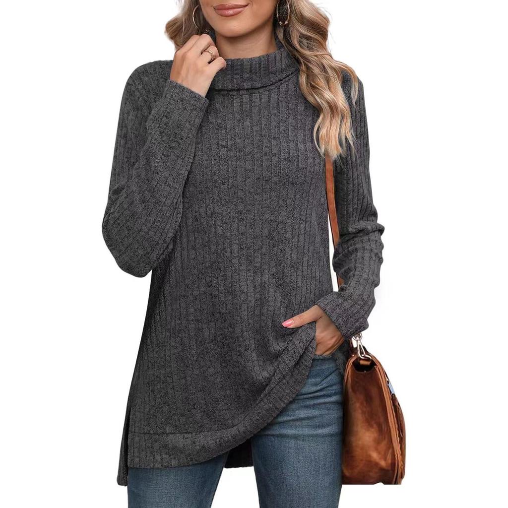 Women's High Collar Split Hem Solid Color Casual Stripe T-Shirt - Autumn/Winter 2023 Collection