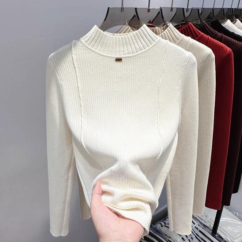 One Piece Velvet Sweater Women's Inner Layer Plus Thick Velvet Casual Knit Sweater,solid Color Semi High Neck Pullover