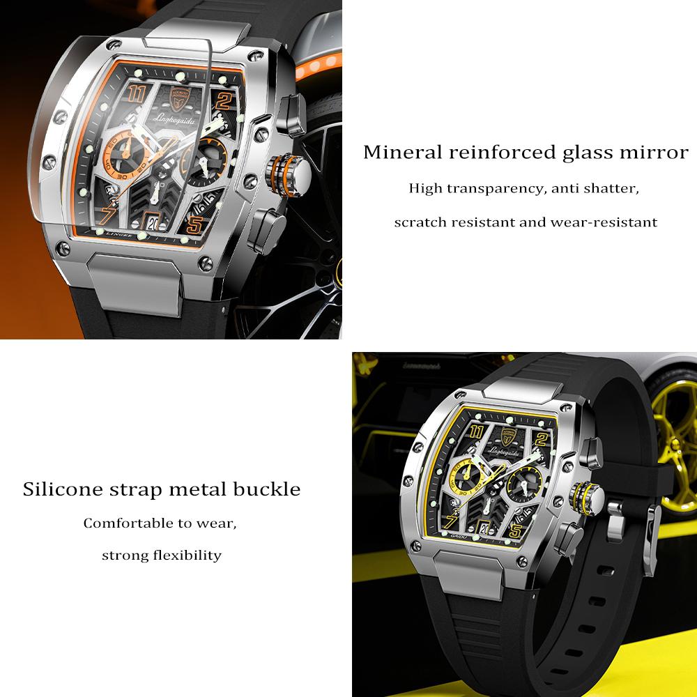 Multifunction Quartz Watches Mens Large Dial Fashion Tonneau Chronograph Watch Sports Silicone Strap,Date,Luminous