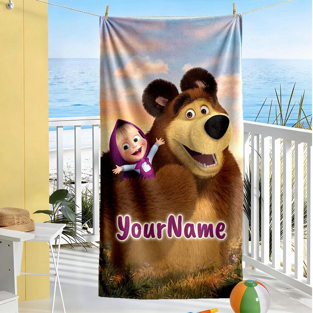 Masha Bear Personalized Text Beach Towel High Absorbency & Quick-Dry Suitable for Swimming Gym Camping Yoga Vacation