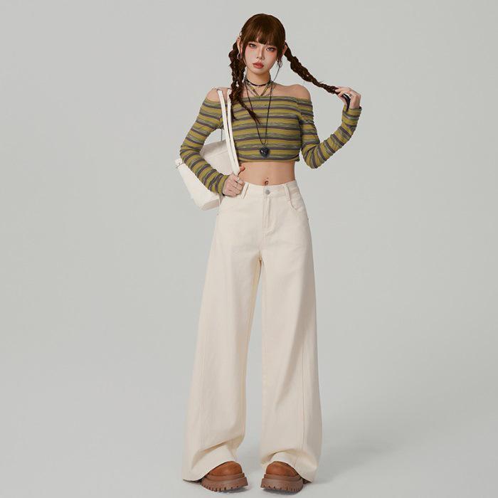 Versatile Retro High-Waisted Patchwork Wide-Leg Jeans for Women - Three Color Options, Loose Casual Straight Floor-Length Design.