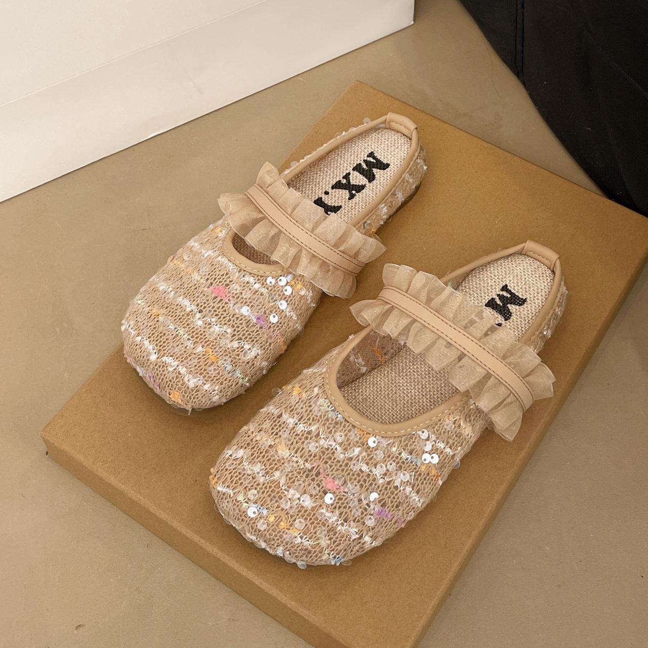 

Fashion 2025 Summer Sparkling Sequin Lace Trimmed Flat Slip On Sandals for Women Thin Mesh Breathable Design Lazy Girl Outdoor Slippers 35