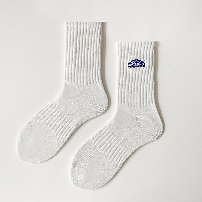 Trendy Women's Mid-Tube Embroidered White Cotton Socks - Black Sporty Spring & Autumn Sweat-Absorbent Unisex Design