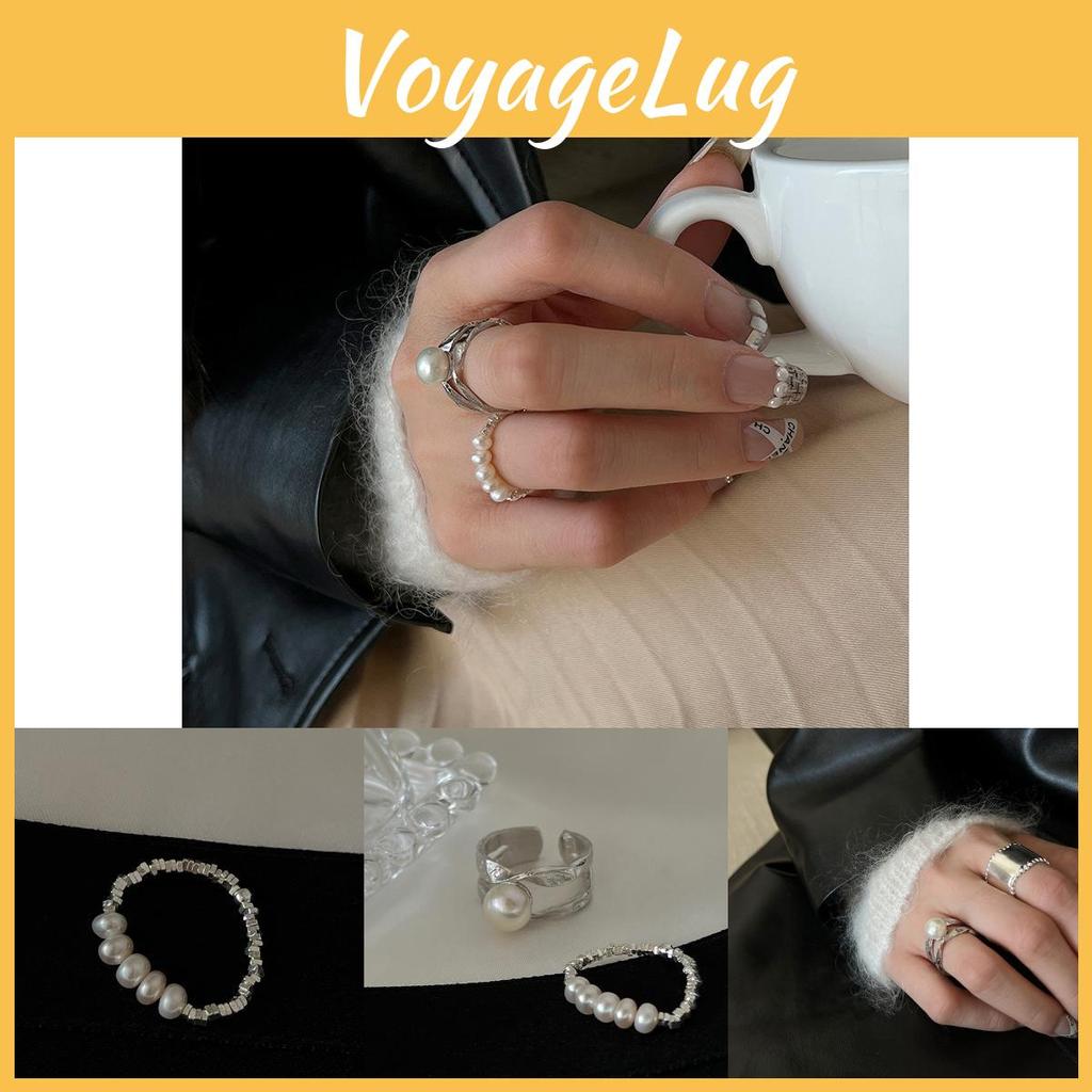 Stylish Double Layer Pearl Fragment Silver Beaded Ring For Women With Unique Geometry