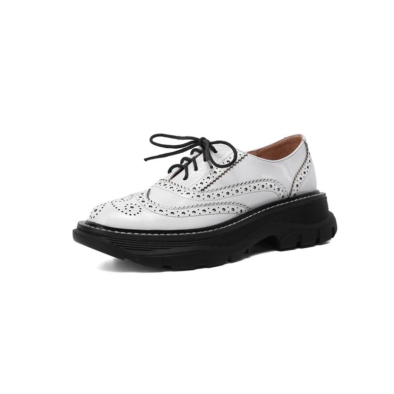 Fashion Oxfords Shoes for Women Real Cow Leather Lace Up Round Toe Black White Vintage Brogue Shoes Female 2025 Spring Platform Shoes