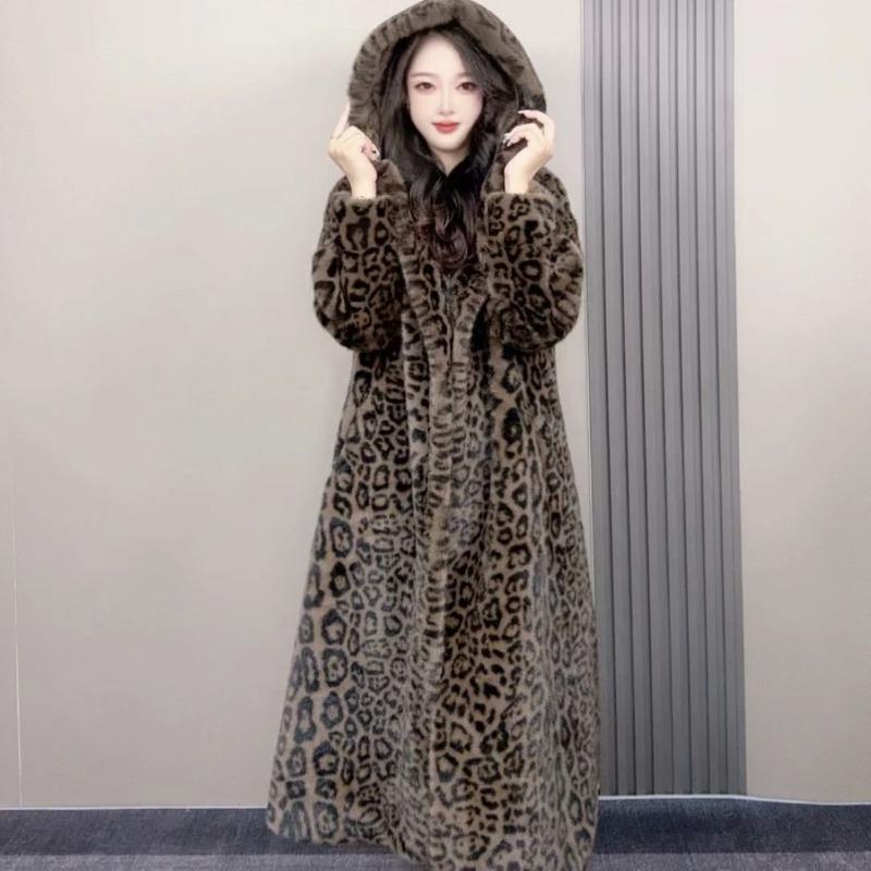 Autumn and Winter New Hooded Hairy Imitation Mink Fur Leopard Print Extended Loose Coat