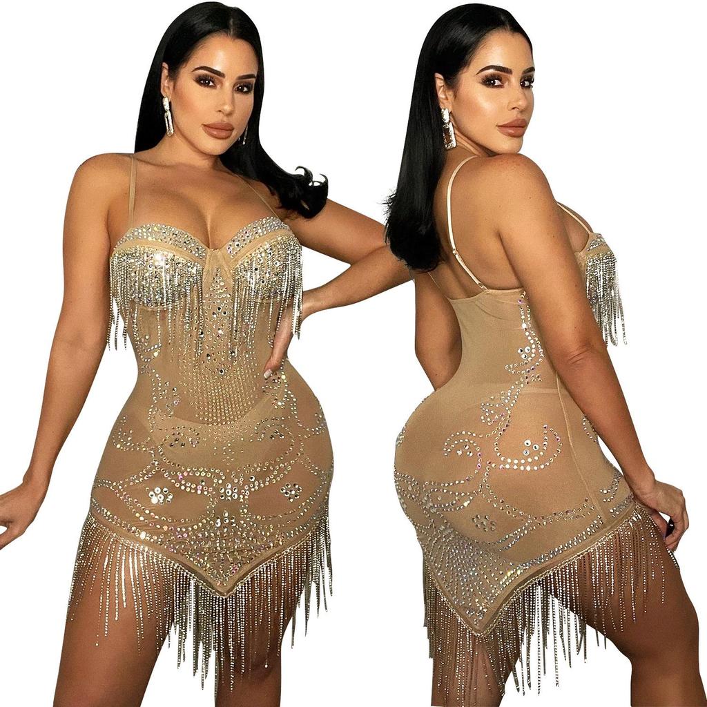 Summer Women's Sexy Diamond Tassel Mesh Dress