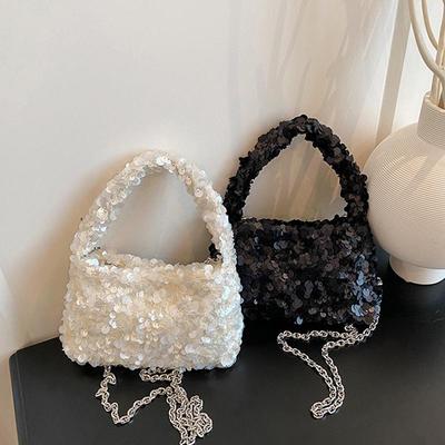 Summer Solid Color Sequin Shine Shoulder Bag Casual Chain Underarm Bag Simple Large Capacity Female Shopping Fashion Crossbody Bag AVE