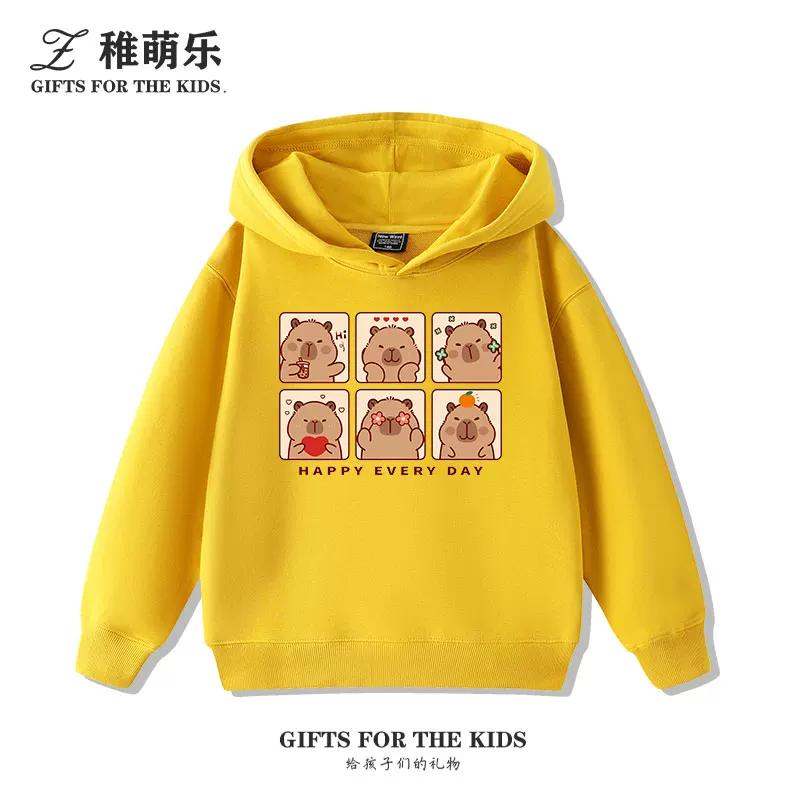 Sudadera con capucha infantil con estampado de capibara, otoño e invierno, para niños y niñas, forrada de felpa, versátil y a la moda.