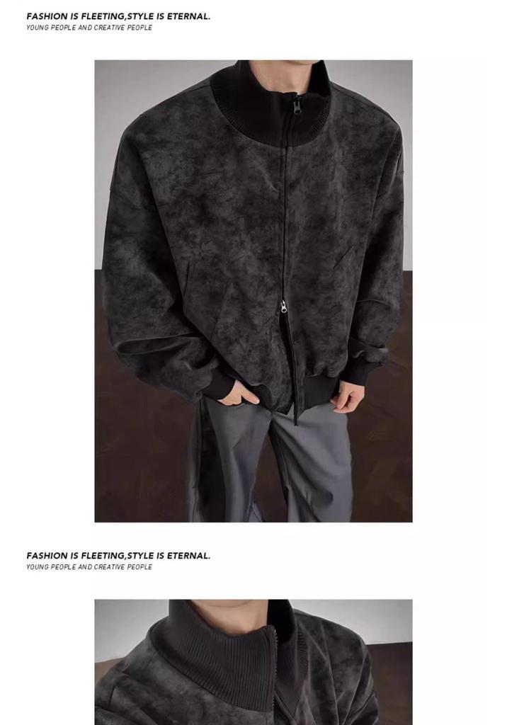 Men's Tie-Dye Leather Bomber Jacket with Stand-Up Collar - Trendy Autumn Heavyweight Outerwear