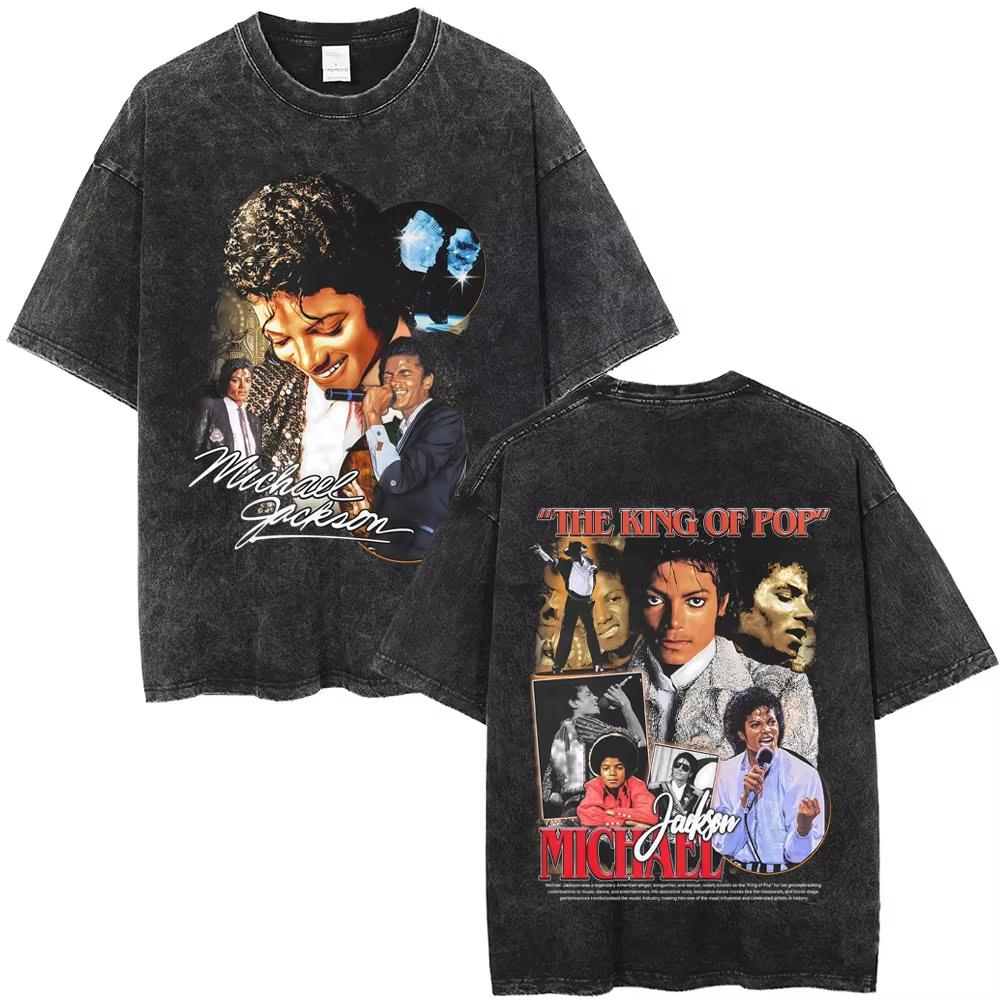 Der König des Pop Michael Jackson Vintage Washed T-Shirts Herren Damen Lässig Retro Baumwoll-T-Shirt Männlich Gothic Rock Übergroßes T-Shirt