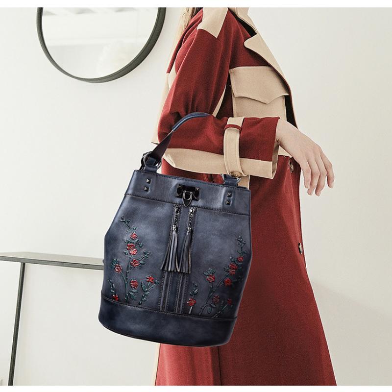 Johnature Vintage Natural Cow Leather Women Backpack Travel Bag Large Capacity Handmade Embossed Female Shoulder Bags