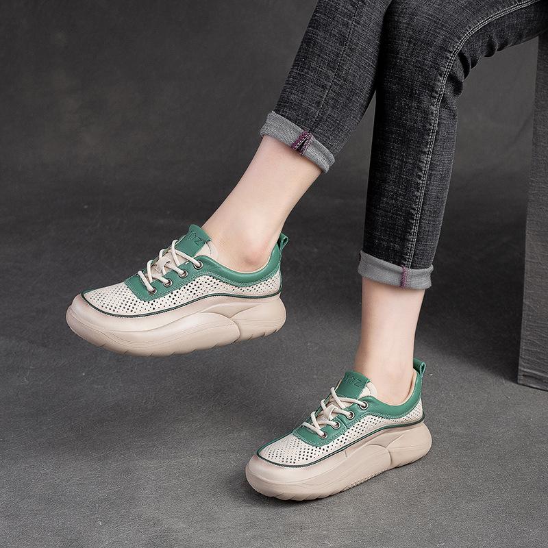 Fashion GKTINOO Hollow Sandals Women Sneakers Genuine Leather Shoes Thick-soled 2025 New Handmade Comfortable Retro Platform Sneakers
