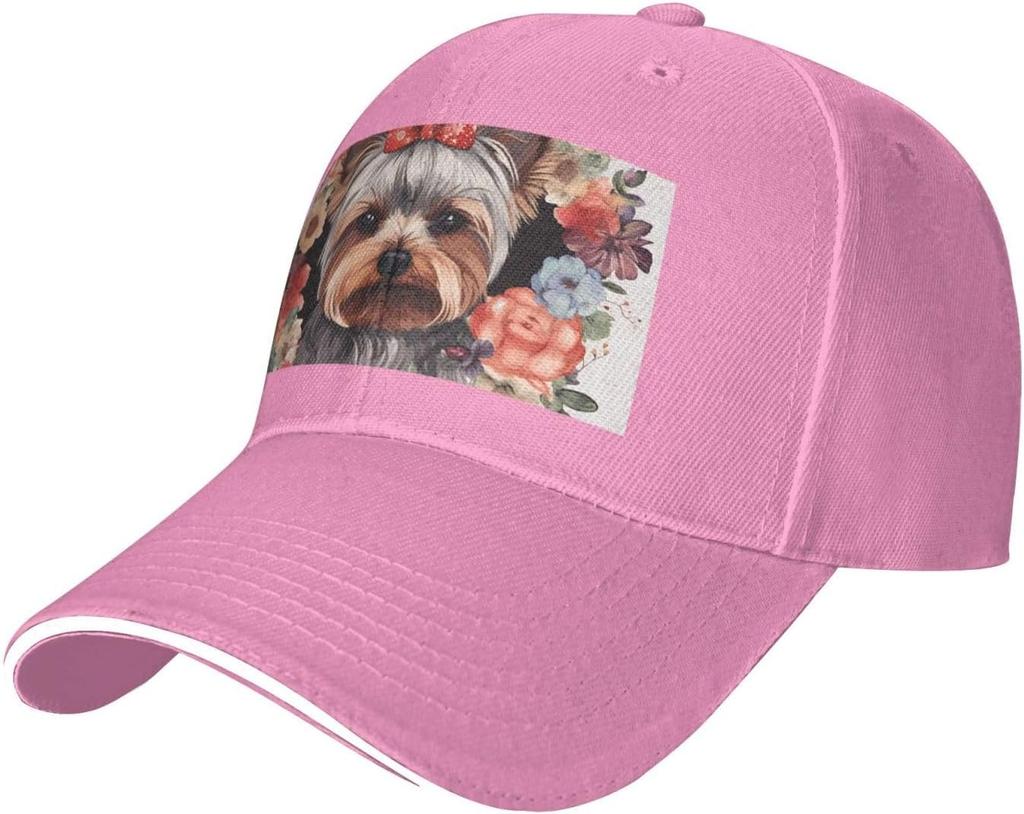Yorkie Floral Print Baseball Cap Polyester Adjustable Casual Golf Dad Hat for Unisex