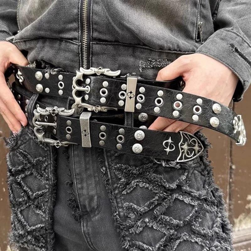 Vintage Studded Buckle Belts Punk Dark Rivet Carved Metal Buckle Belt for Women Men Fashion Waistband Jeans Dress Accessories