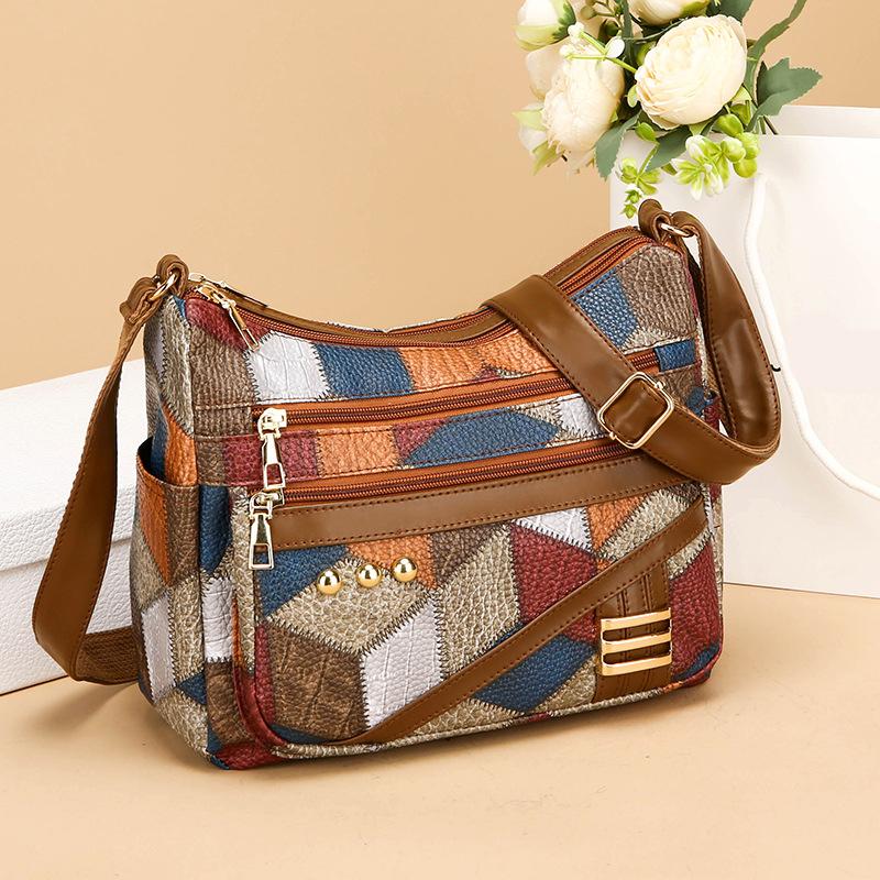 Versatile Middle-aged Women's Bag Cross-border Women's Soft Leather Backpack New Fashionable 3D Lattice Large-capacity Messenger Bag