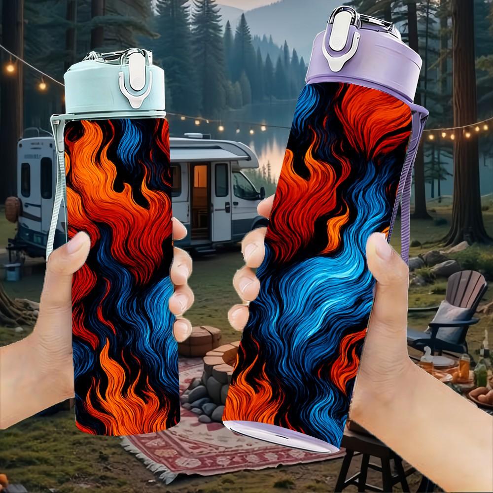 1PC Fire Blue Flame Swirl Art Print 750ml Color Plastic Sports Water Bottle Leakproof Flip Straw Lid Suitable for Sports Office Home Use