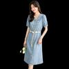 Women's V-Neck Short Sleeve Belted Denim Midi Dress
