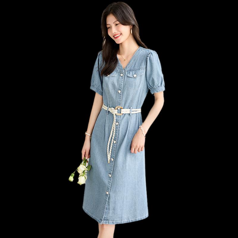 Women's V-Neck Short Sleeve Belted Denim Midi Dress