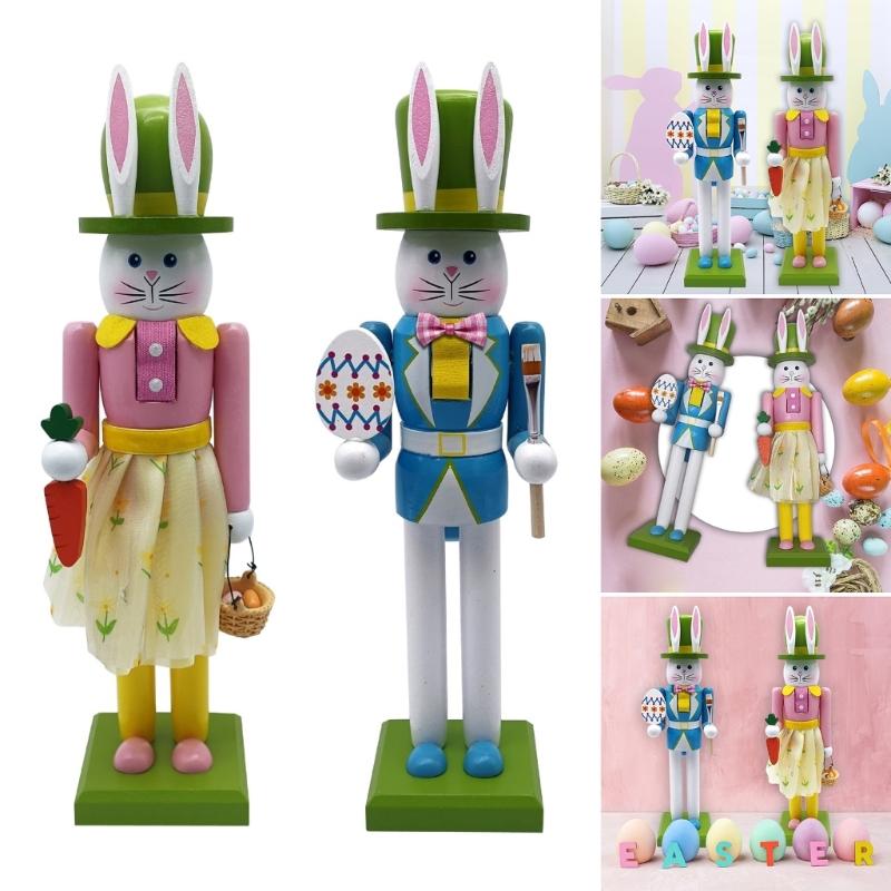30.8cm Wooden Easters Bunnies Nutcrackers Figurine Ornament Rabbit Soldier Figure for Holiday Decoration Enthusiasts