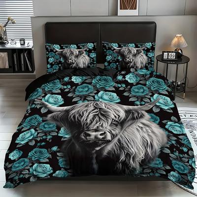 3-teilige Bettwäsche blau Rose Highland Kuh Druck (1 Set + 2 Kissenbezüge, ohne Füllung) geeignet für warme Schlafzimmer, um unterschiedlichen Bedürfnissen gerecht zu werden