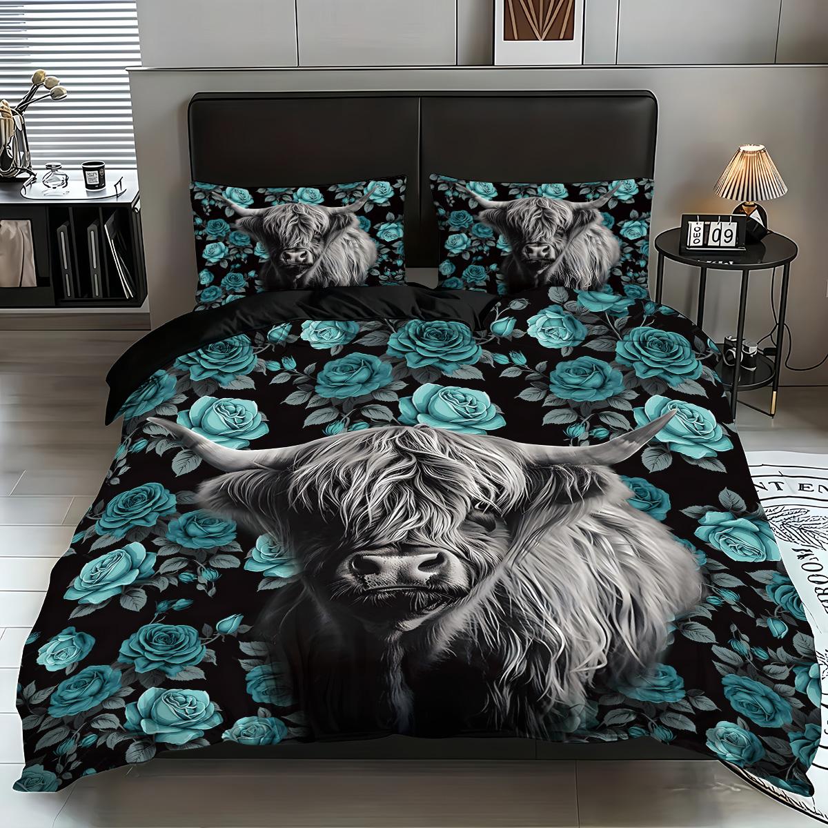 

3pc bedding blue rose highland cow print (1 set +2 pillowcases, no core) suitable for warm bedrooms to meet different needs 135x200cm-EU-Single