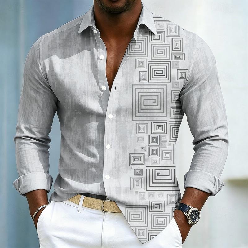 Herrenhemd mit geometrischem Musterdruck, Langarmhemd für Herren, Schwarzes Slim Fit Hemd, Modisches Design, Herrenbekleidung