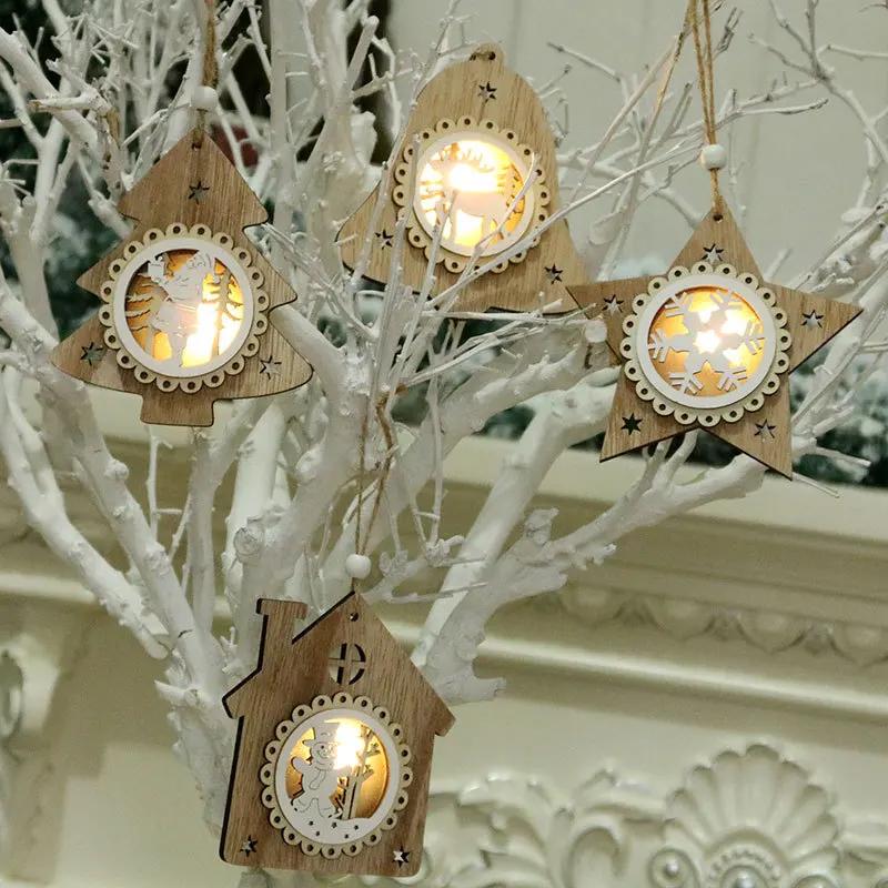 Wooden Christmas Tree Pendant Creative Christmas Tree Luminous Ornament Home Holiday Party Christmas Hollow Pendant Decoration
