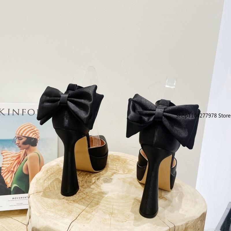 Fashion High Heels Women 2025 Summer New Fashion Satin Face High Heel Sandals Bow One Word Buckle Pointed Toe Thick Heel Women's Shoes