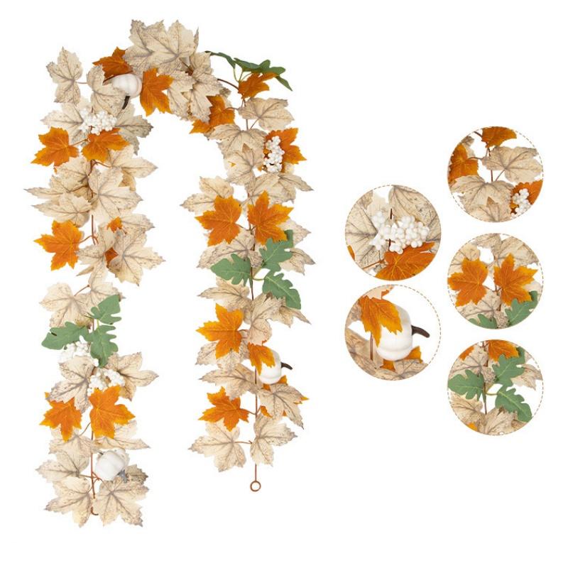 Fall Maples Leaves Garland Simulation Maple Leaf Pumpkin Berry Vine Wreath Thanksgiving Halloween Christmas Fireplace Decoration