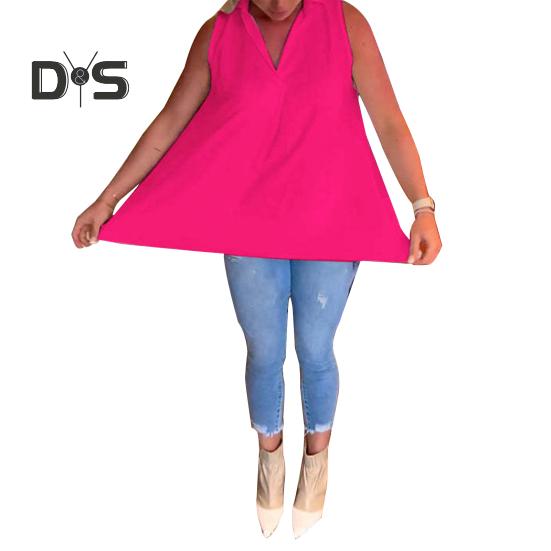 

Женские летние топы с лацканами и v-образным вырезом без рукавов, однотонные свободные рубашки, плиссированные сзади, тонкие пуловеры, топы 2XL розы красного