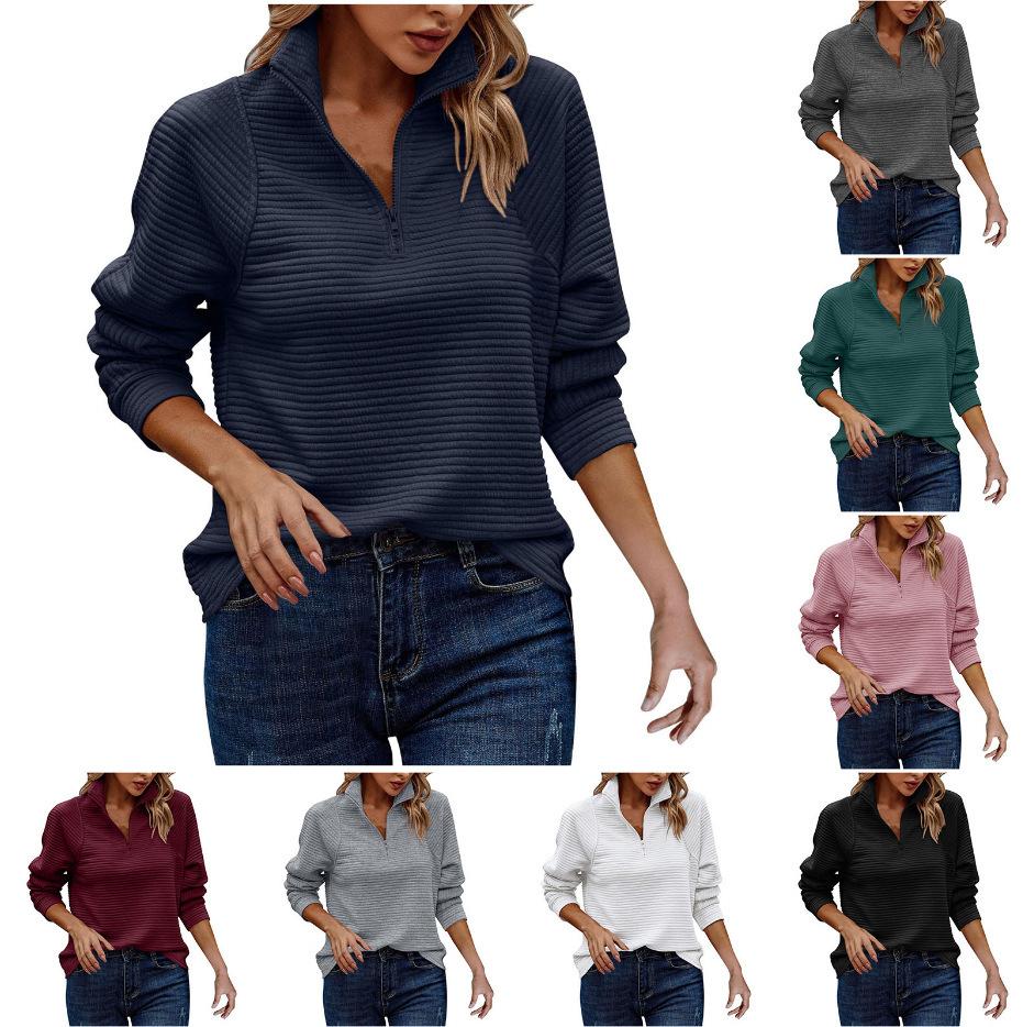 Women's Long Sleeve Half Zip Top with Striped Texture in Multiple Colors