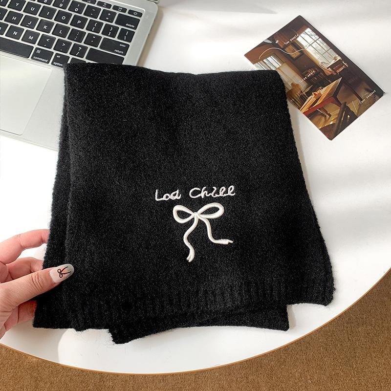 Scarf Women's New Autumn and Winter Japanese Cute Retro English Bow Warm Wool Knitted Scarf Tide