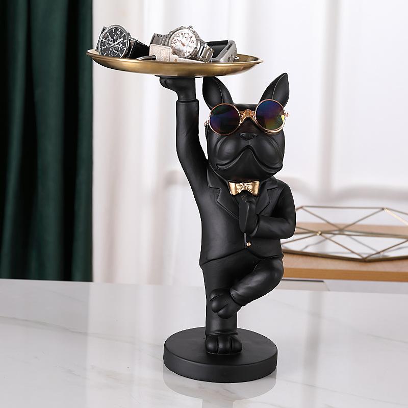 KungFu Bulldog Butler With Tray for Keys Jewelry Stock Storage Nordic Home Decor Dog Statues Resin Sculpture Desk Decoration