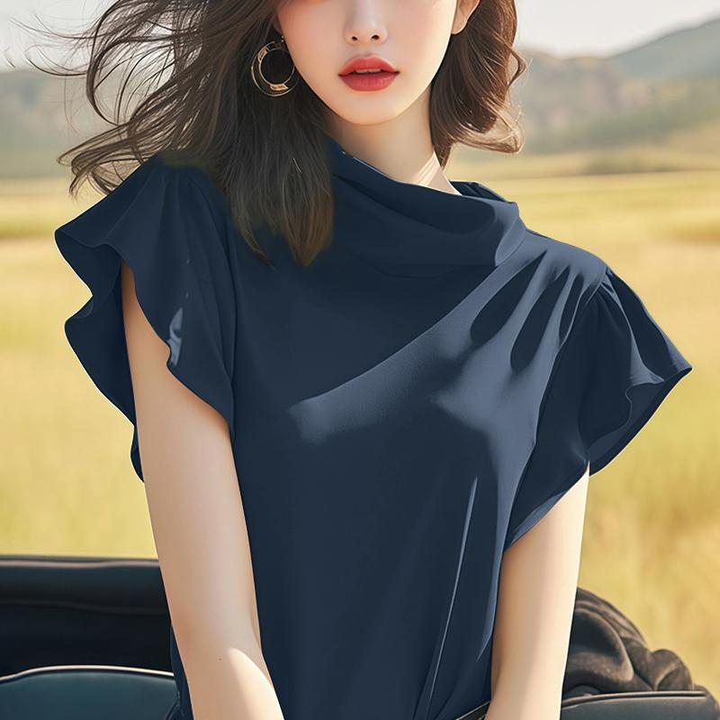 ZANZEA Women Stand Collar Summer Casual Ruffles Short Sleeve Blouse