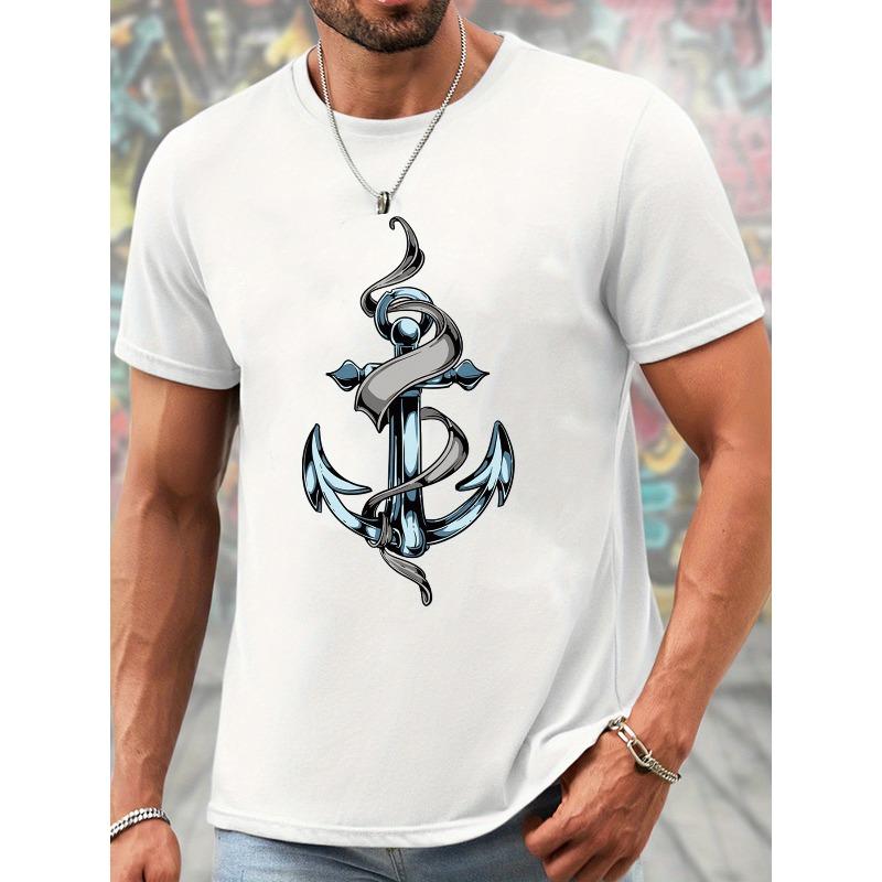 European Size Men's Summer Casual Short Sleeve T-Shirt - Nautical Anchor Print, Breathable Comfort Fit, Versatile Beachwear & Everyday Essential