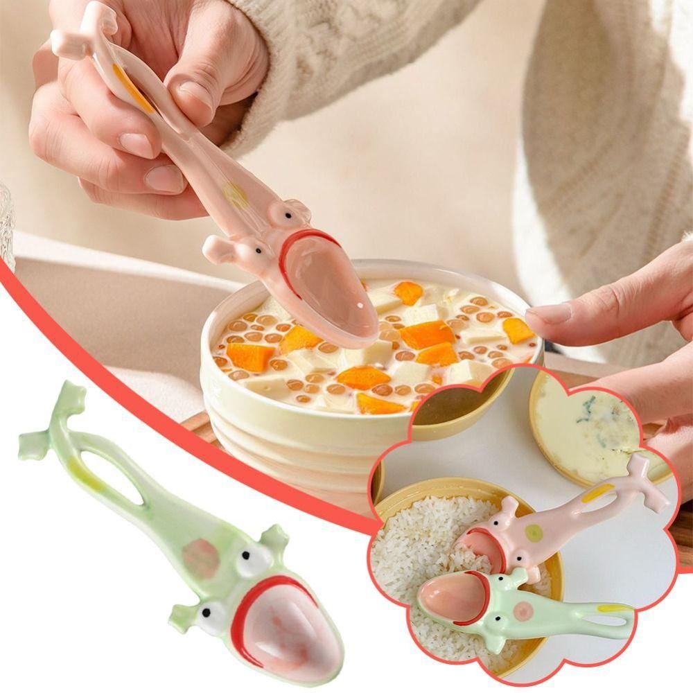 Creative Ugly Frog Design Ceramic Frog Spoon Hangable Handmade Ceramic Dessert Spoon Big Mouth Funny Spoon Eating Drinking Soup