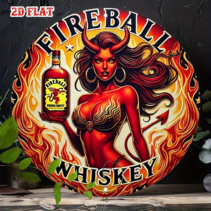 Retro Fireball Whiskey HD Print Metal Tin Sign Featuring Vintage Circular Design with Raised D Relief of Devil Woman with Hor