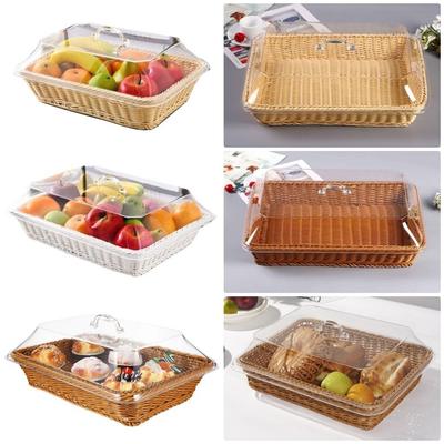 1Pcs Vegetable Bread Serving Woven Basket Lid Transparent Imitation Rattan Fruit Storage Containers with Acrylic Lid Tabletop