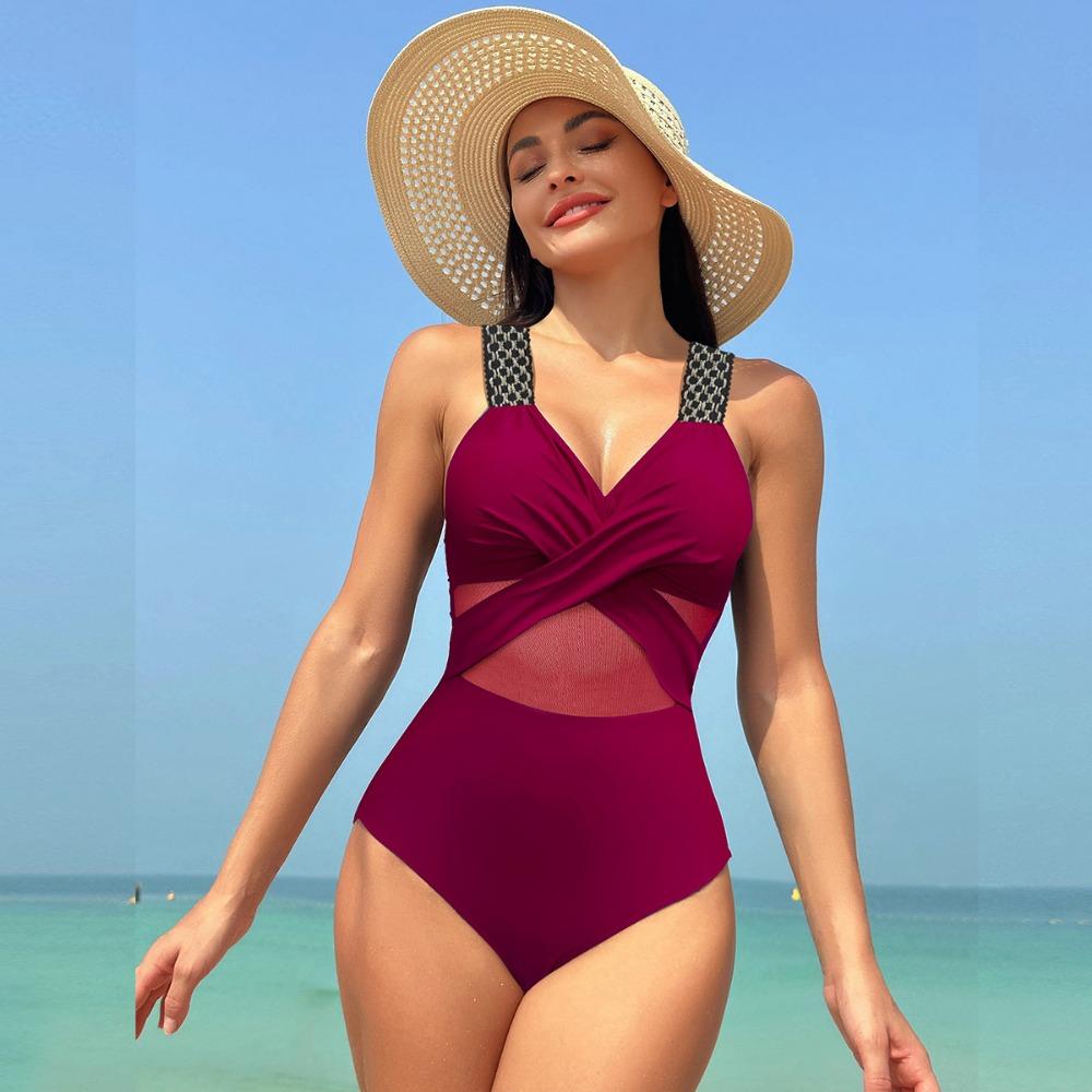 European and American One-piece Swimsuit Women's Solid Color Mesh Bikini Swimwear