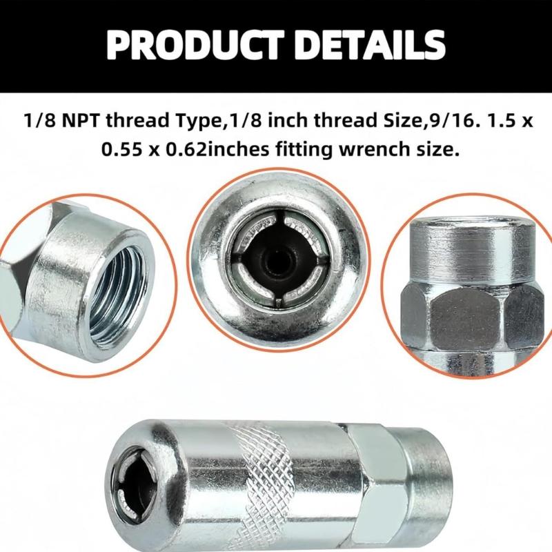 Grease Guns Coupler,Grease Guns Fitting Steel Threaded Lubrication Part,1/8 in Connection with Light-Colored Finish, Knurled Handling Area and