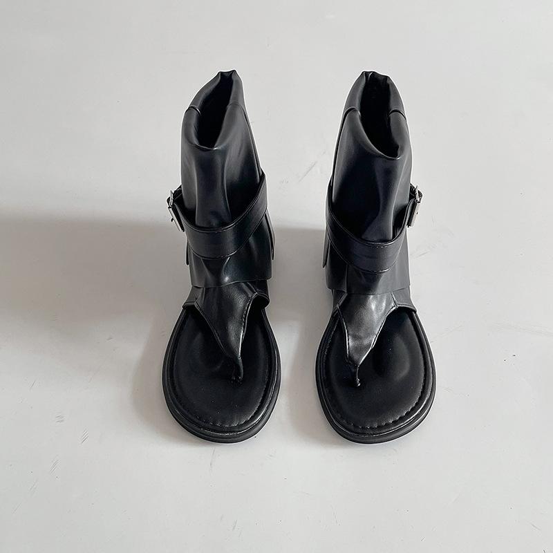 European and American fashion short herringbone toe cool boots belt buckle sleeve flat-bottomed trousers boots women's high-top Roman sandals autumn