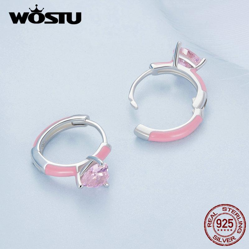 BAMOER Real 925 Sterling Silver Pink Heart Zircon Hoop Earrings Lovely Cindy Color Oil Printed Ear Clips Earring Girl Party Gift