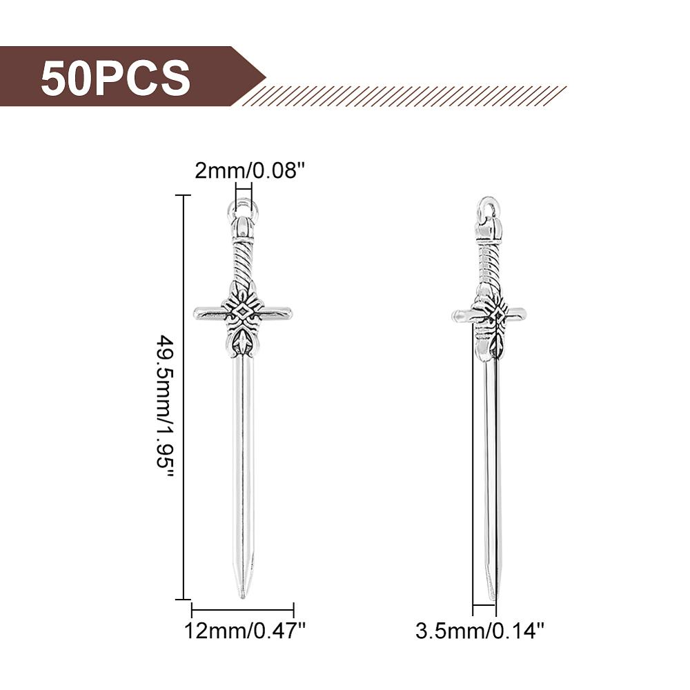 50Pcs Tibetan Style Alloy Pendants Sword Charm Antique Silver 49.5x12x3.5mm Hole: 2mm